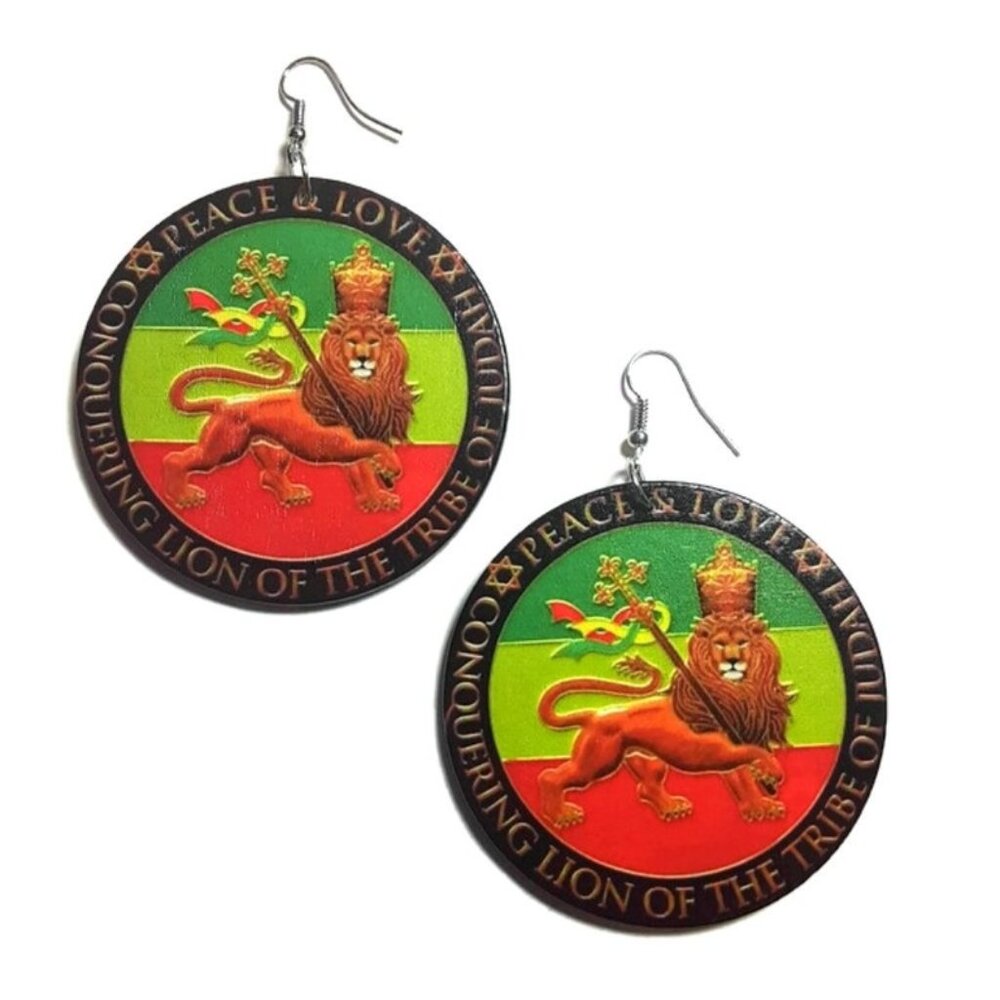PEACE LOVE Lion of Judah Medium Statement Dangle Wood Earrings
